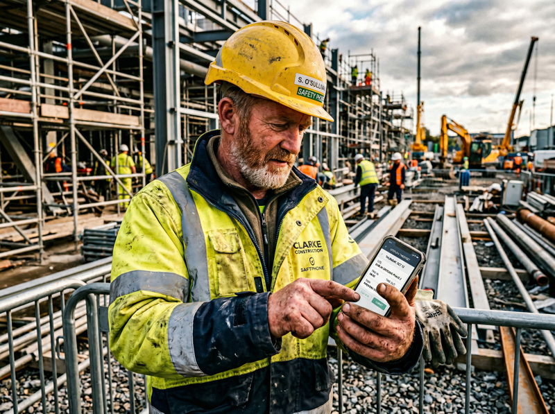 Tradesman logging attendance on a mobile phone on site