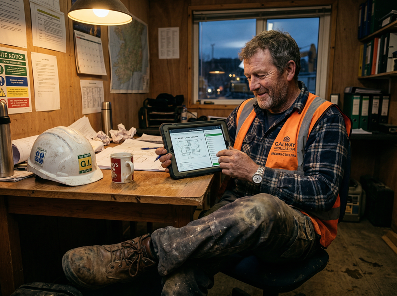 Irish insulation engineer reviewing documents on a tablet at the end of a long site day